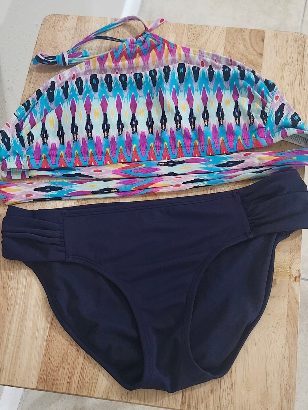 Athleta Multicolor Patterned Bandeau Top with Navy Bottoms